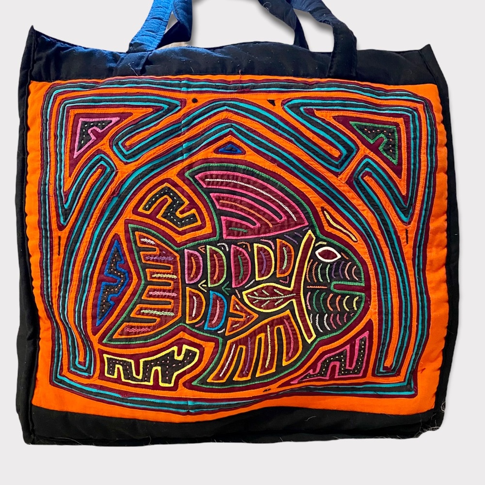Mola Multicolor Folk Art Fish Quilted Large Tote Bag